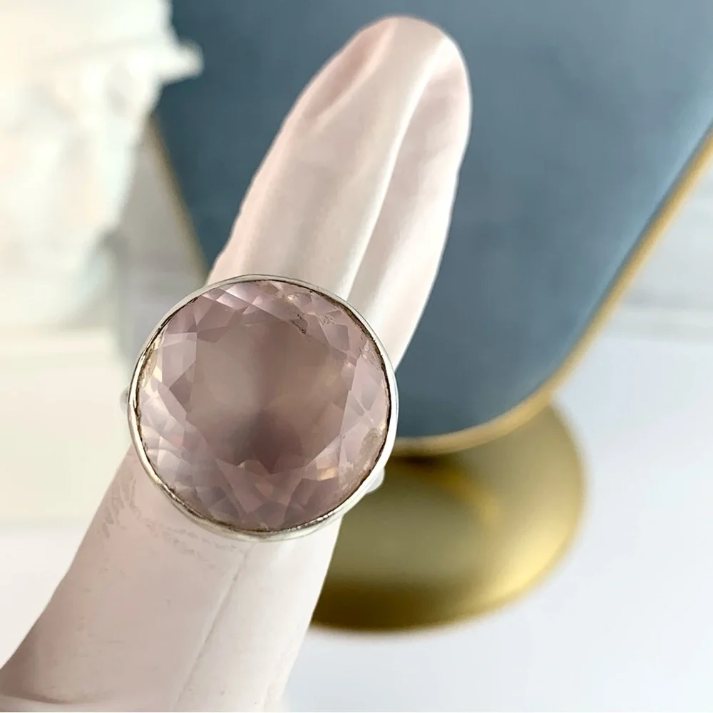 Sterling Silver Rose Quartz Large Round Statement Ring